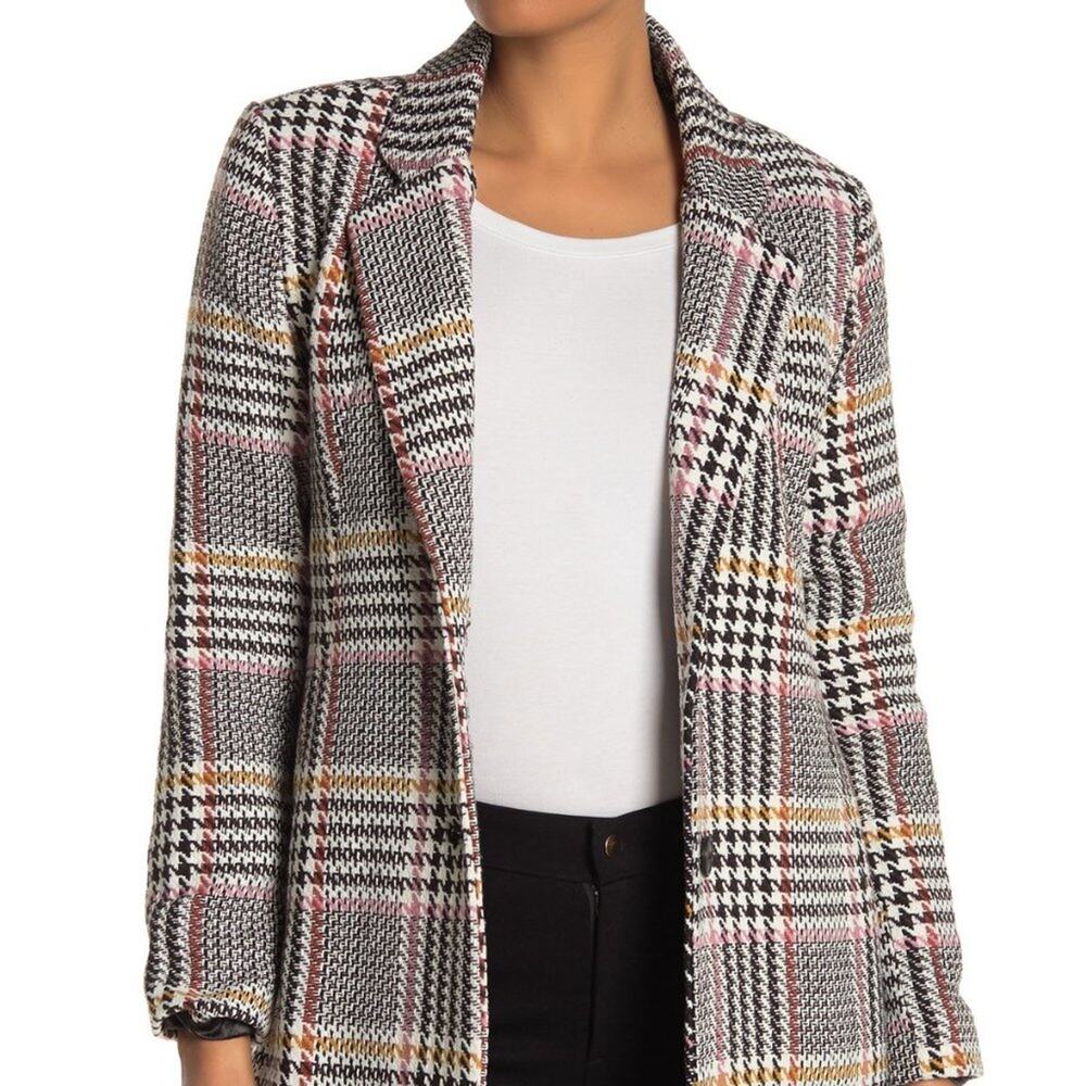 Sebby Glen Two Button Woven Coat Long Sleeve Front Slash Pockets Plaid Large NEW